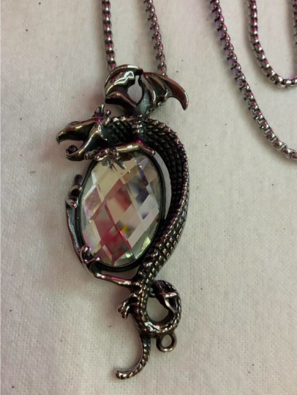 Dragon Crystal Pendant Necklace - Stainless Steel with Large Crystal (Z-2)